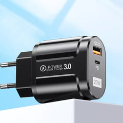 Techsuit - Încărcător de Perete - USB-A, QC 3.0, USB-C, 20W - Negru