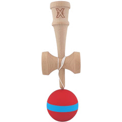 Kendama X Originala, Profesionala, Flippy, 18 cm, din Lemn, Rubber Grip, Rosu/Albastru