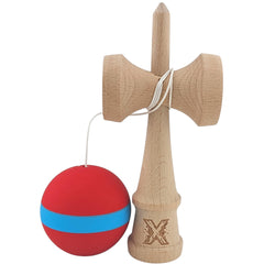 Kendama X Originala, Profesionala, Flippy, 18 cm, din Lemn, Rubber Grip, Rosu/Albastru