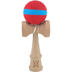 Kendama X Originala, Profesionala, Flippy, 18 cm, din Lemn, Rubber Grip, Rosu/Albastru