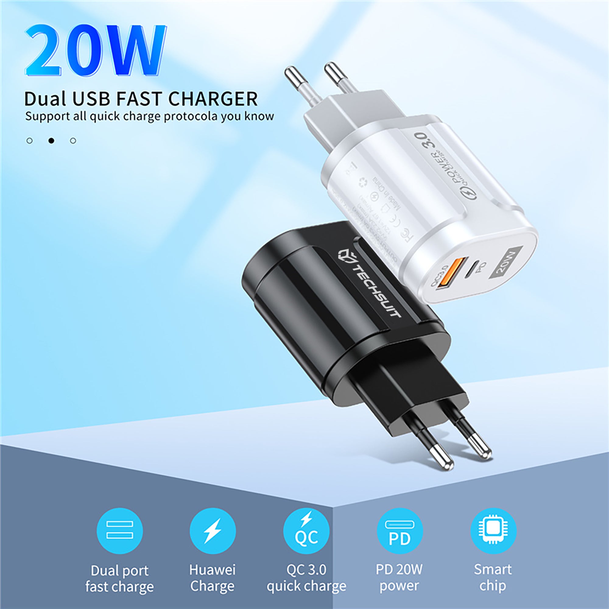 Techsuit - Încărcător de Perete - USB-A, QC 3.0, USB-C, 20W - Negru