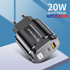 Techsuit - Încărcător de Perete - USB-A, QC 3.0, USB-C, 20W - Negru