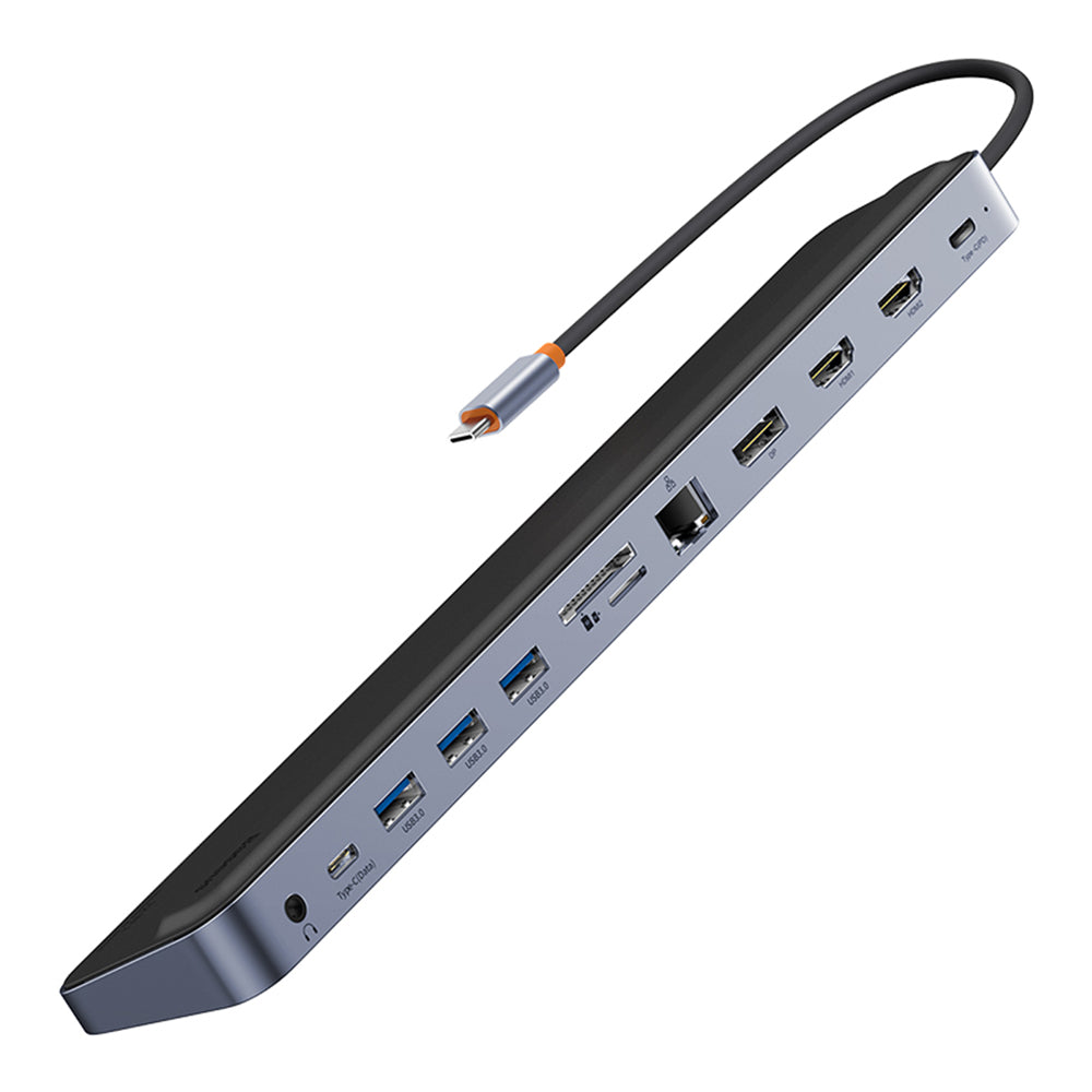 Adaptor HUB aluminiu 12-in-1 Baseus EliteJoy Gen2, USB-C - 2x HDMI, 3x USB 3.0, 1x USB-C PD, 1x USB-C, 1x DisplayPort, 1x Mini Jack 3.5mm, 1x RJ45, 1x MicroSD, 1x SD, Gri inchis