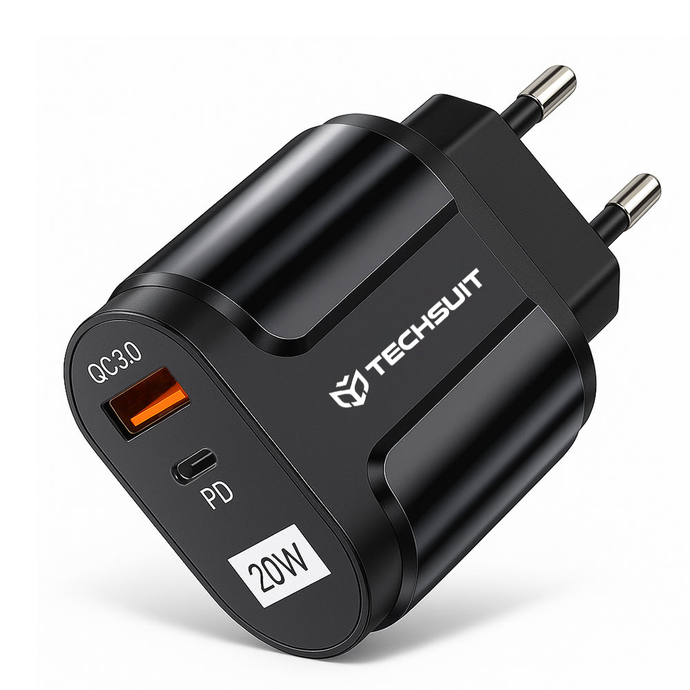Techsuit - Încărcător de Perete - USB-A, QC 3.0, USB-C, 20W - Negru