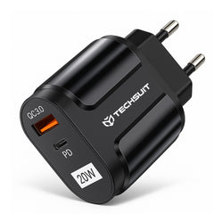 Techsuit - Încărcător de Perete - USB-A, QC 3.0, USB-C, 20W - Negru