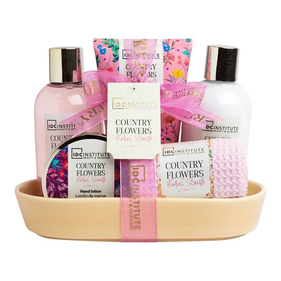 Set 5 produse de ingrijire Country Flower cu suport ceramic, IDC Institute, 600 ml