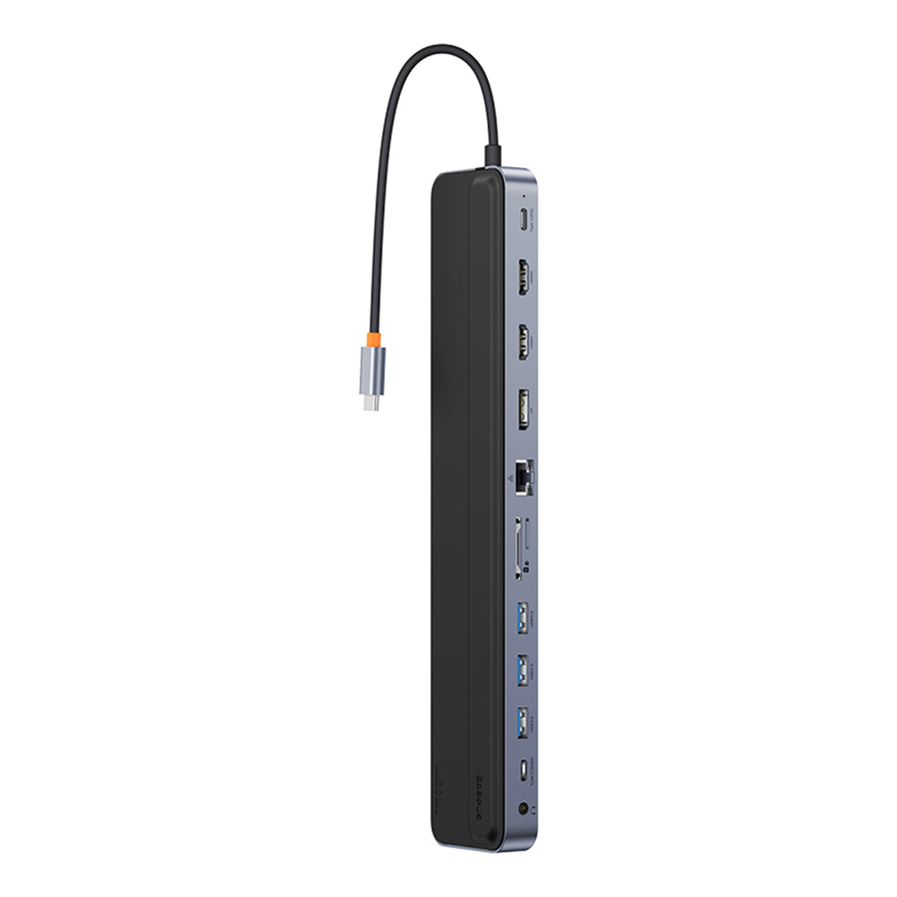 Adaptor HUB aluminiu 12-in-1 Baseus EliteJoy Gen2, USB-C - 2x HDMI, 3x USB 3.0, 1x USB-C PD, 1x USB-C, 1x DisplayPort, 1x Mini Jack 3.5mm, 1x RJ45, 1x MicroSD, 1x SD, Gri inchis