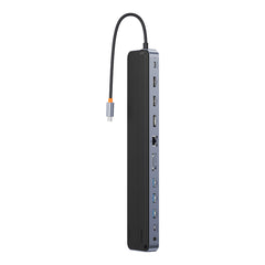 Adaptor HUB aluminiu 12-in-1 Baseus EliteJoy Gen2, USB-C - 2x HDMI, 3x USB 3.0, 1x USB-C PD, 1x USB-C, 1x DisplayPort, 1x Mini Jack 3.5mm, 1x RJ45, 1x MicroSD, 1x SD, Gri inchis
