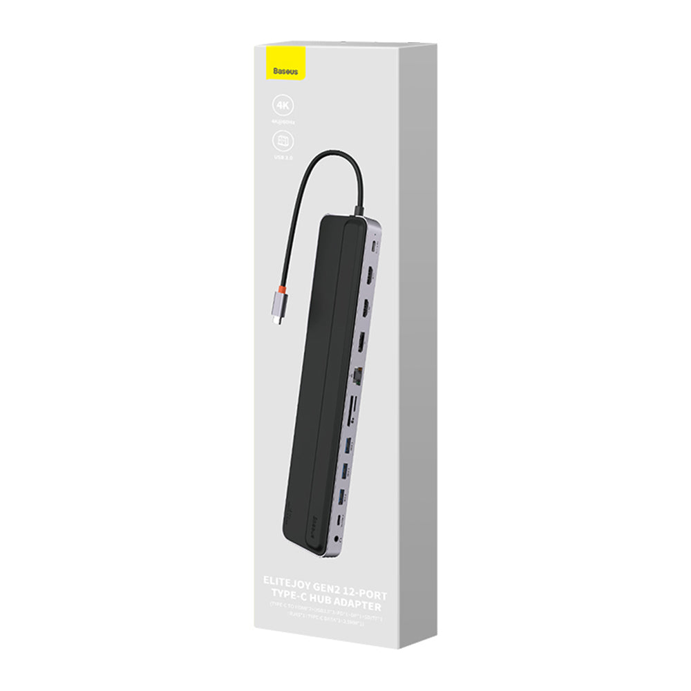Adaptor HUB aluminiu 12-in-1 Baseus EliteJoy Gen2, USB-C - 2x HDMI, 3x USB 3.0, 1x USB-C PD, 1x USB-C, 1x DisplayPort, 1x Mini Jack 3.5mm, 1x RJ45, 1x MicroSD, 1x SD, Gri inchis
