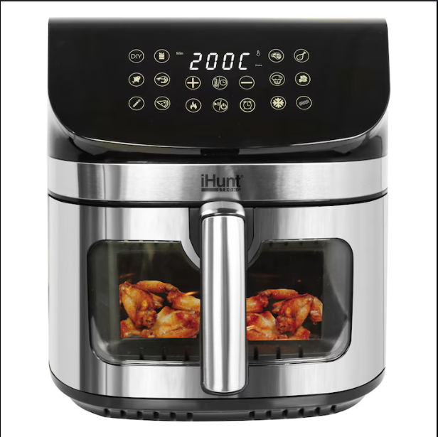 Friteuza cu aer cald, fara ulei, iHunt Bro Air Fryer Ultra, Capacitate 9 litri, Sertar cu geam transparent, Ecran digital, 12 functii de gatire, Temperatura Ajustabila, Functii de decongelare si temporizare, Shake Reminder, 1800W, Negru