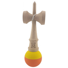 Kendama X Originala, Profesionala, Flippy, din Lemn, Rubber Grip, 18 cm, Galben/Portocaliu