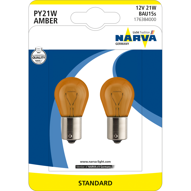 Set 2 Becuri auto auxiliare cu halogen Narva PY21W Orange, 12V, 21W