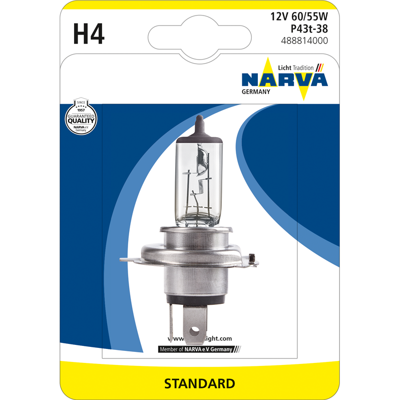 Bec auto cu halogen pentru far Narva H4 Standard, 12V, 55W, 1 Buc